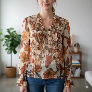 Zara Women’s Blouse Fall Leaf Ruffle Long Sleeve Peasant Flutter Sleeve Sheer M